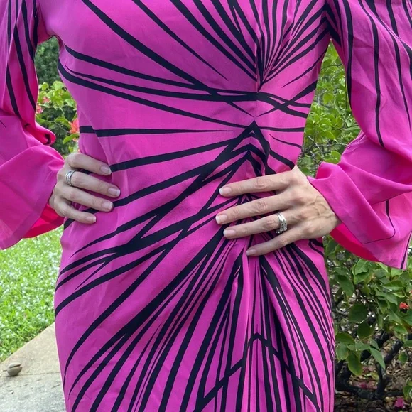 Vintage Pink Black Stripe Long Trumpet Boat Neck Sleeve Knee Length Dress! - Picture 3 of 12